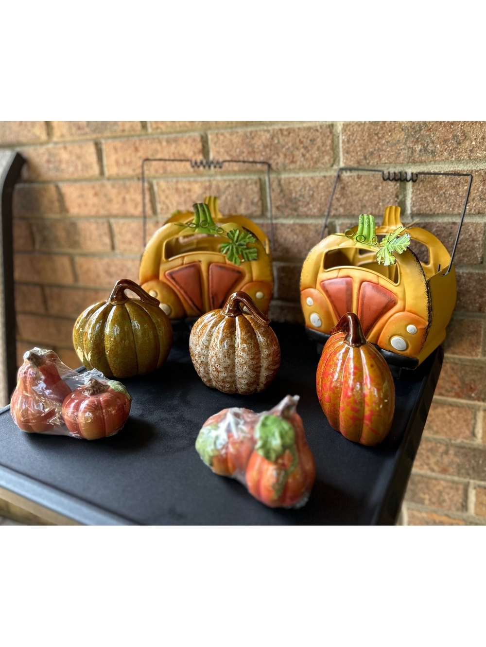 Pumpkin Metal Napkin Holders & Glazed Ceramic Salt & Pepper Shaker Table Set